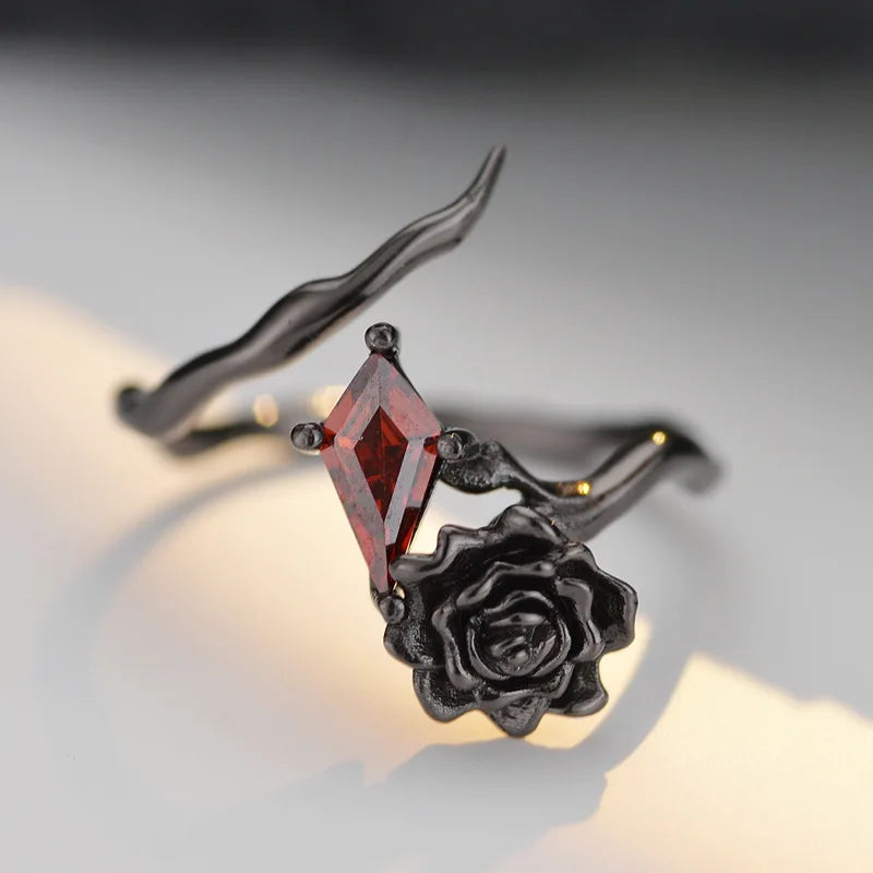 S925 Sterling Silver Black Rose & Red Diamond Zircon Women's Gothic Ring - Lovez Aqua© -