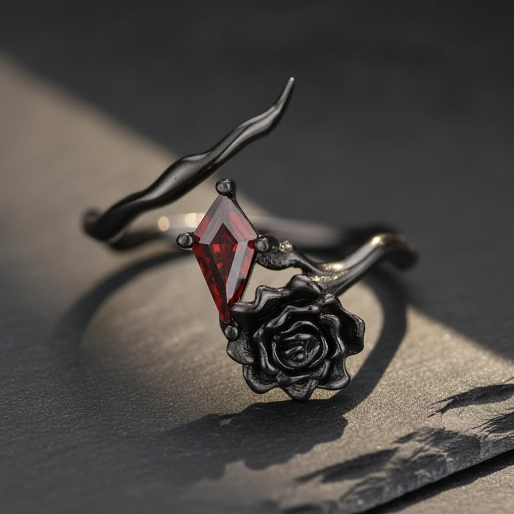 S925 Sterling Silver Black Rose & Red Diamond Zircon Women's Gothic Ring - Lovez Aqua© -