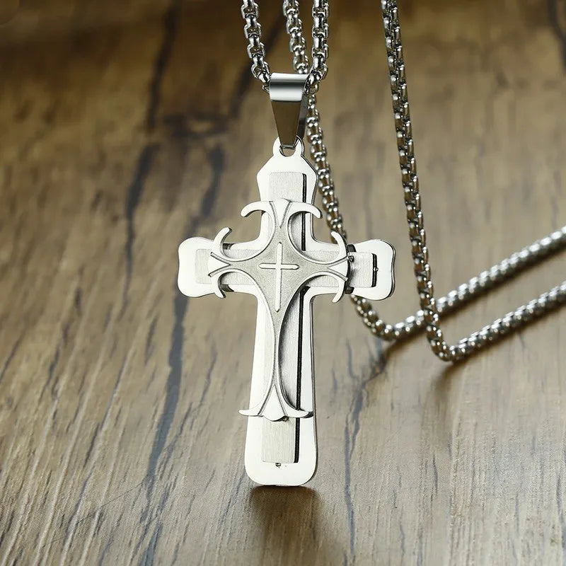Men's Thick Engraved Stainless Steel Cross Pendant Necklace - Lovez Aqua© - Silver