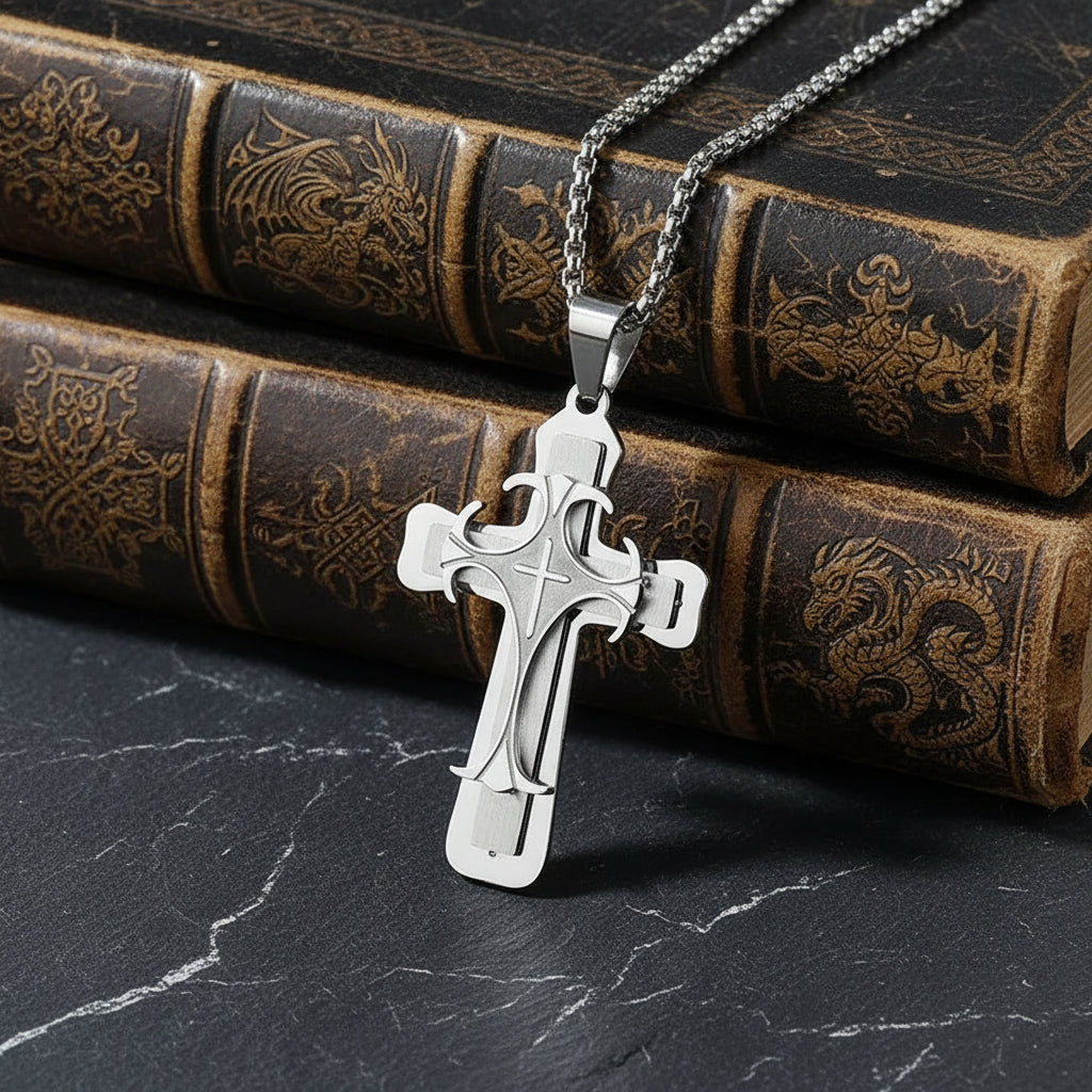 Men's Thick Engraved Stainless Steel Cross Pendant Necklace - Lovez Aqua© - Silver