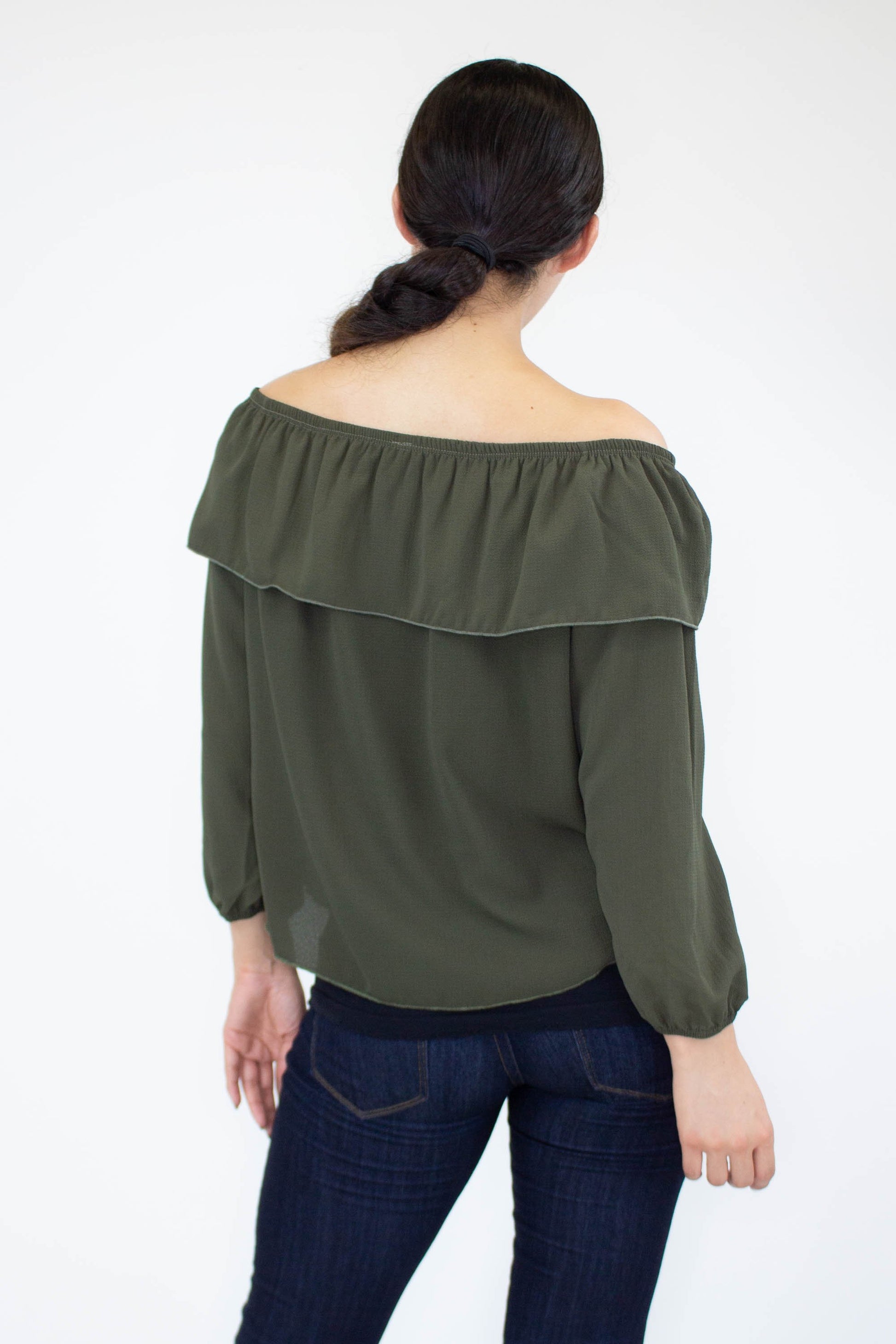 Women's Olive Colored Balloon Sleeve Blouse with Ruffled Neckline - Lovez Aqua© -