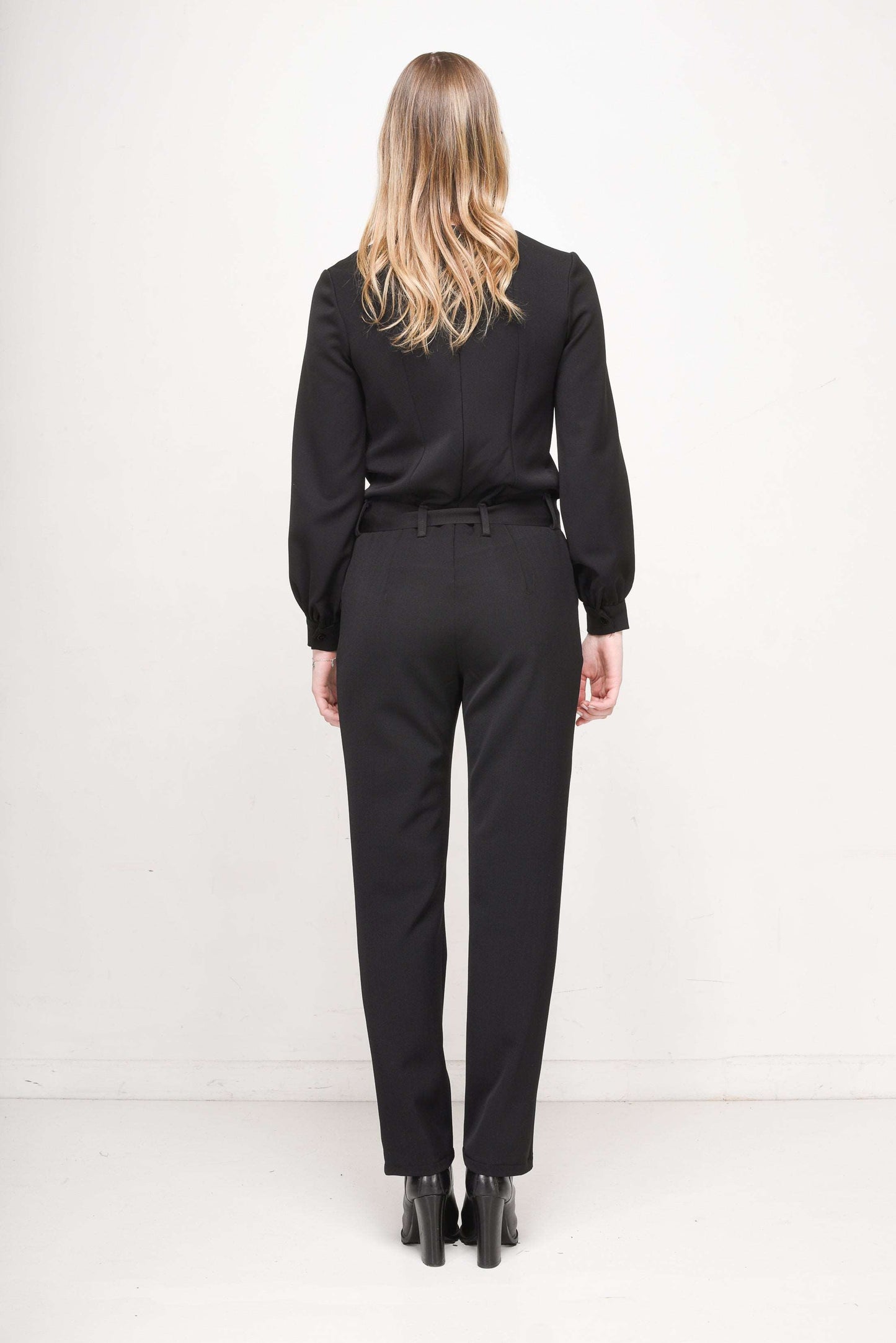 Women's Black Long-Sleeve Jumpsuit with Mesh Panels & Tie-Waist Detail - Lovez Aqua© -