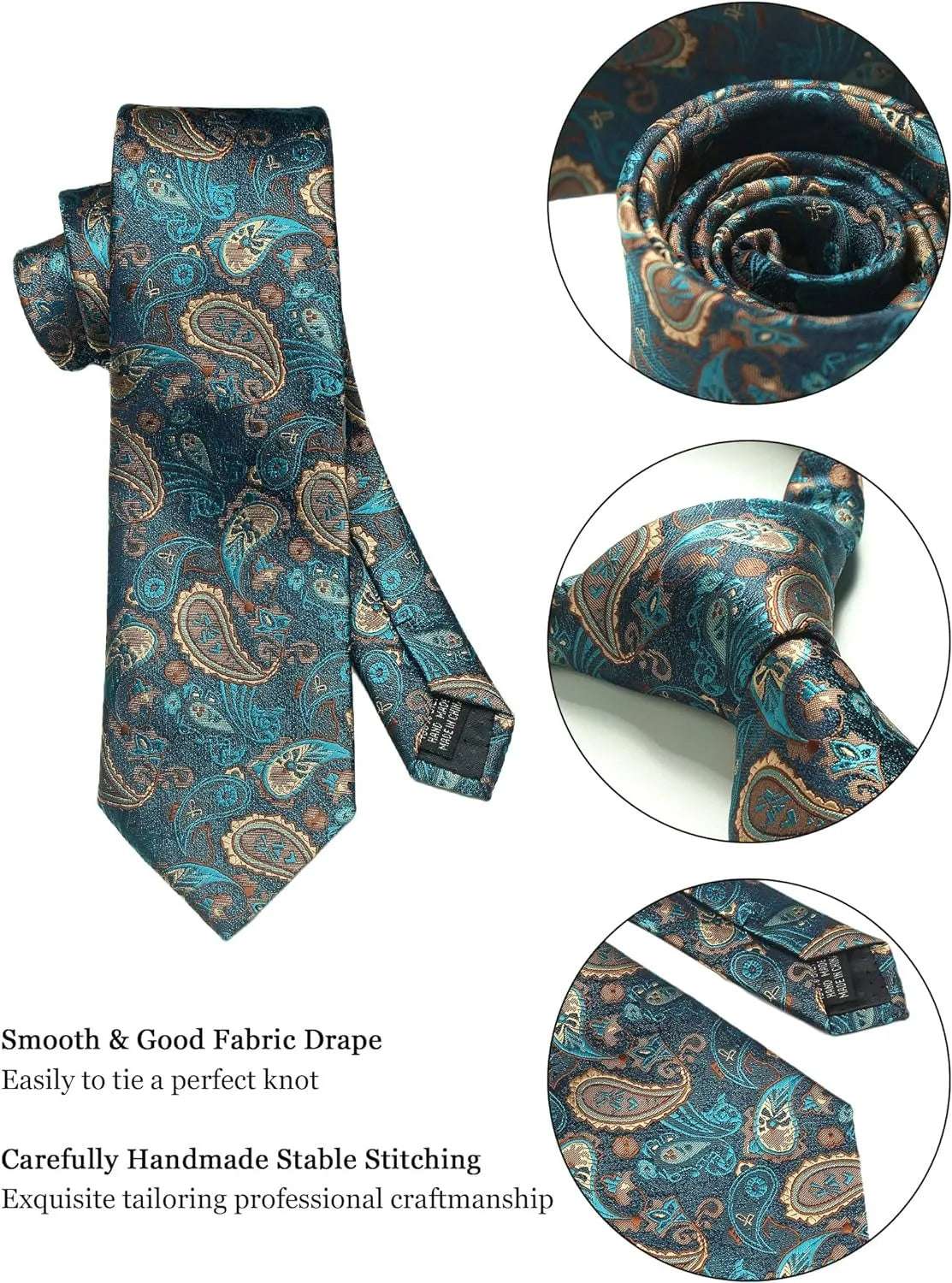 Men's Luxury Silk Paisley Floral Necktie, Pocket Square, Clip & Cufflinks Set - Lovez Aqua© -