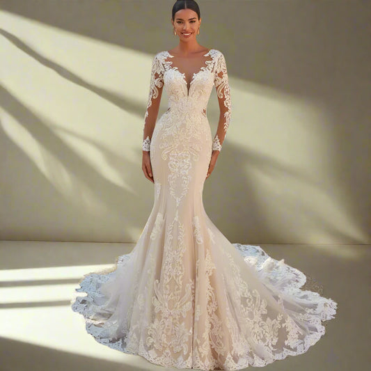 Mermaid Lace Wedding Dress with Scoop Neckline Applique Sleeves & Sweep Train - Lovez Aqua© - Picture Color / 2