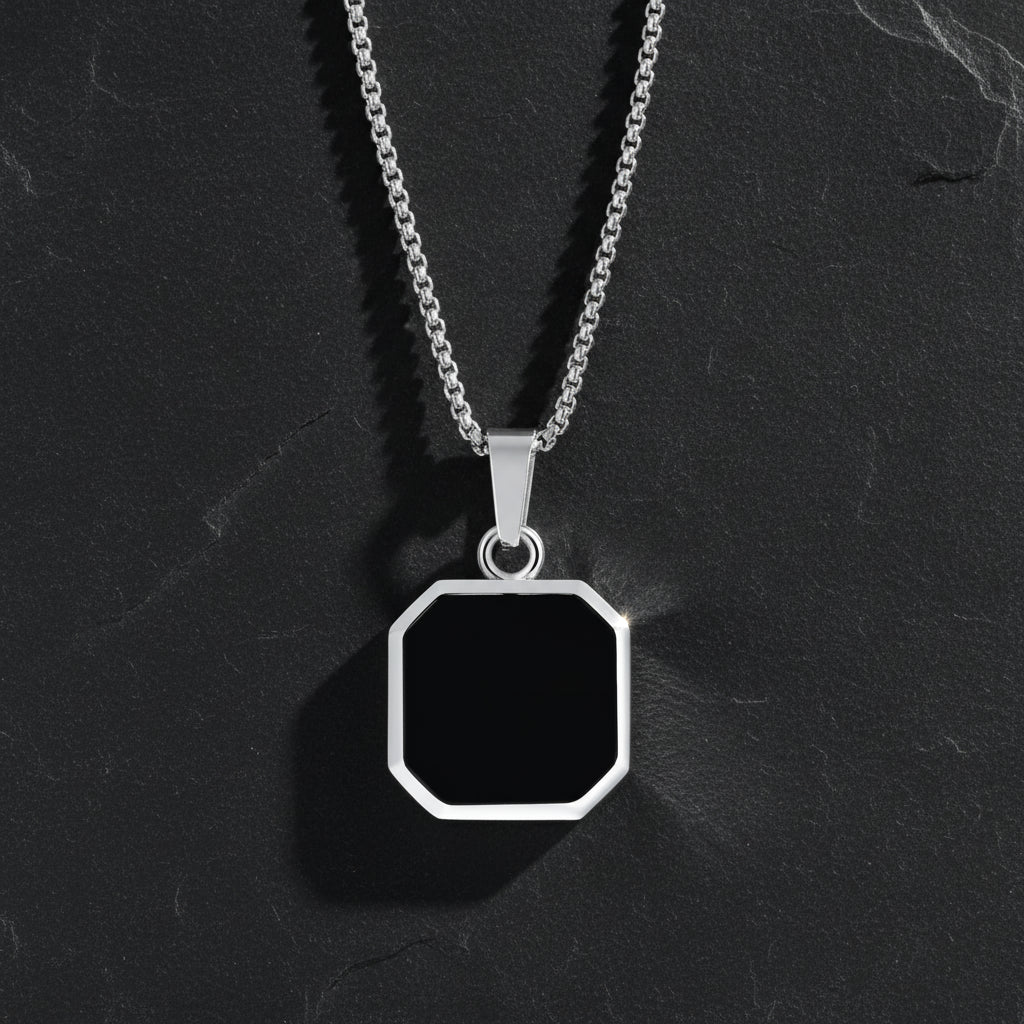 Men's Geometric Lapis Lazuli/Black Enamel Stone Square Pendant Necklace - Lovez Aqua© - Black Silver / 60cm