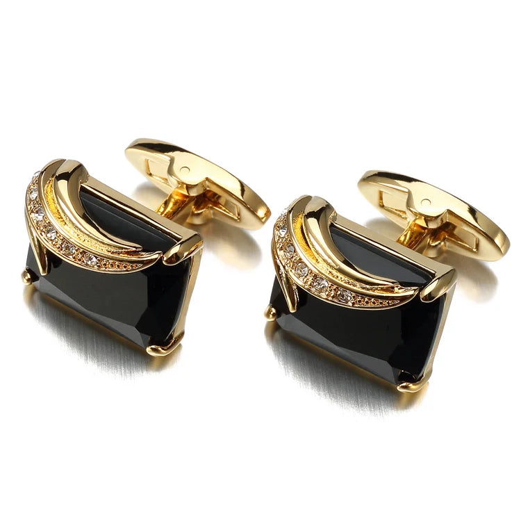 Men's Luxurious Gold Crystal Glass Rectangle Cufflinks with Rhinestone Accents - Lovez Aqua© - Black Gun
