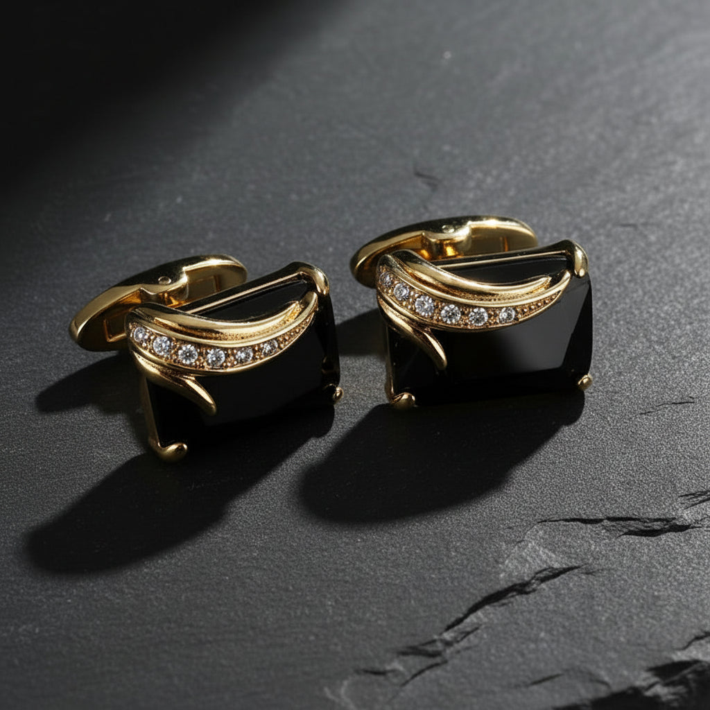 Men's Luxurious Gold Crystal Glass Rectangle Cufflinks with Rhinestone Accents - Lovez Aqua© - Black Gun