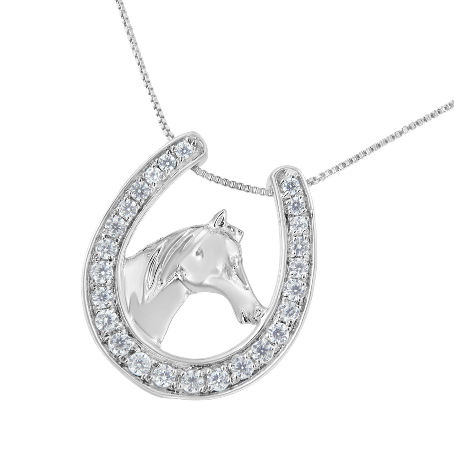 Women's Sterling Silver Equestrian Horse & Diamond Horse Shoe Pendant Necklace - Lovez Aqua© -