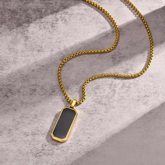 Men's Modern Geometric Stainless Steel Black Onyx Rectangle Necklace - Lovez Aqua© - 1 / 60cm