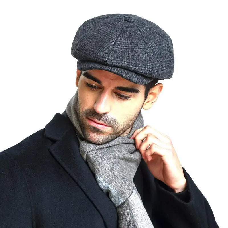 Men's Vintage Classic Plaid Wool Newsboy Winter Beret Cap - Lovez Aqua© -