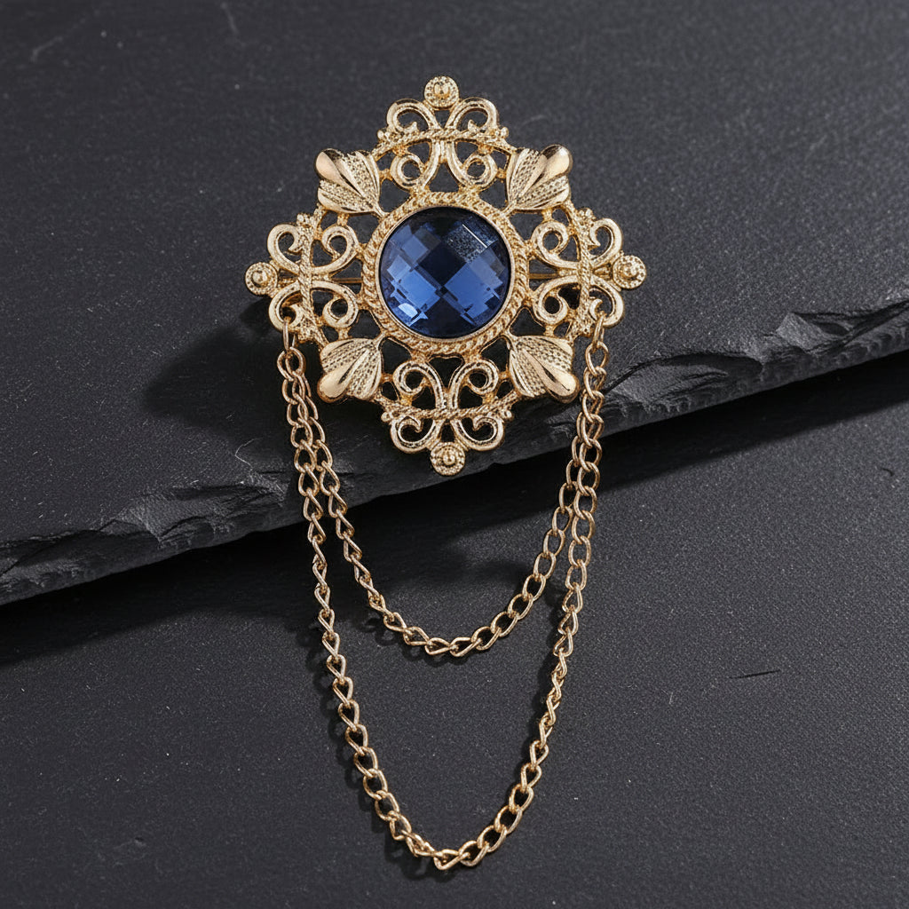 Men's Retro Baroque Style Crystal Brooch Vintage Tassel Chain Brooch - Lovez Aqua© -
