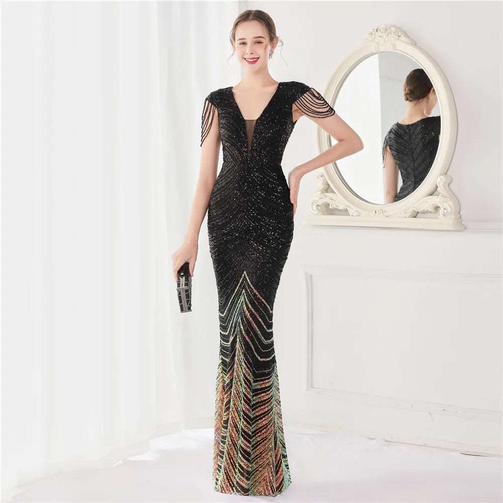Women's Sequined Mermaid Evening Dress With Fringe Cap Sleeves - Lovez Aqua© - Black / 2
