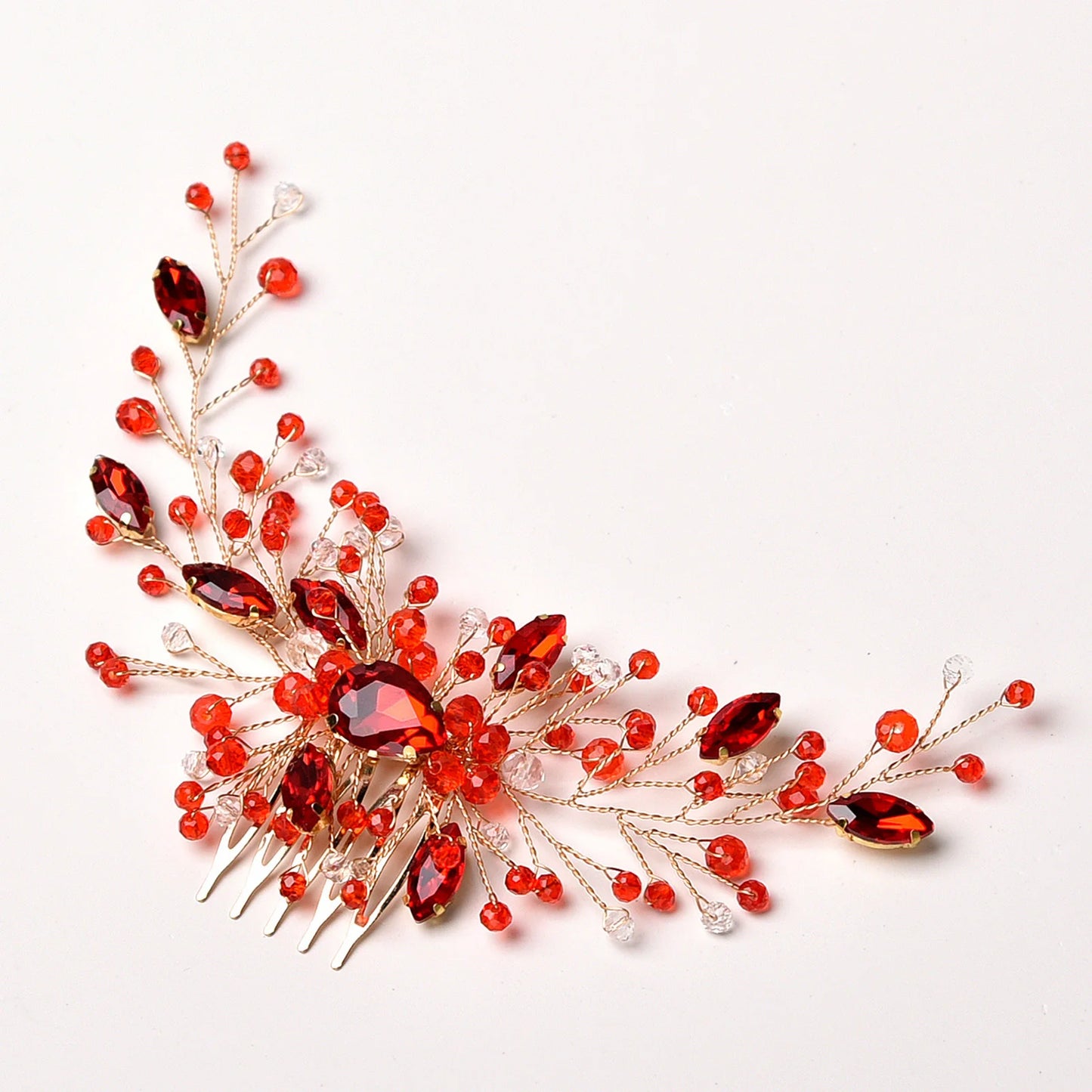 Delicate Women's Rhinestone Encrusted Hair Comb With Crystal Flowers - Lovez Aqua© - Red