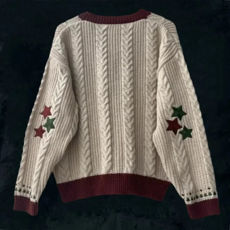 Women's Cozy Red & Green Christmas Tree & Stars Knitted Embroidered Cardigan - Lovez Aqua© -