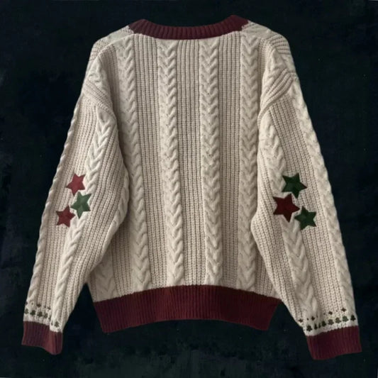 Women's Cozy Red & Green Christmas Tree & Stars Knitted Embroidered Cardigan - Lovez Aqua© -