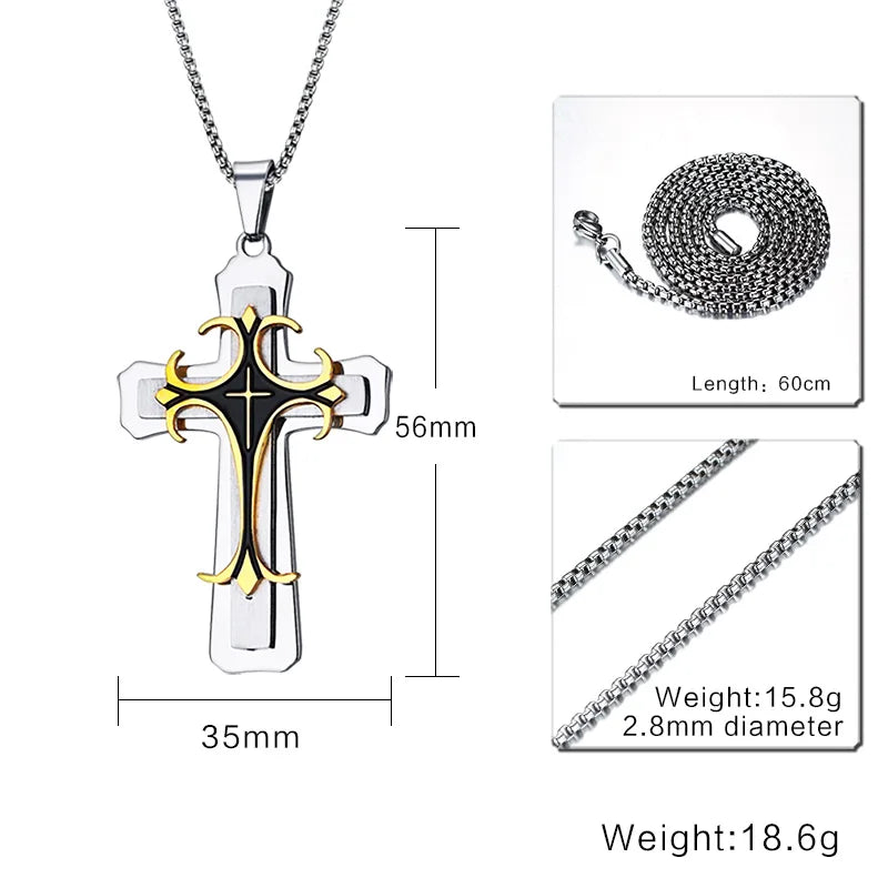 Men's Thick Engraved Stainless Steel Cross Pendant Necklace - Lovez Aqua© -