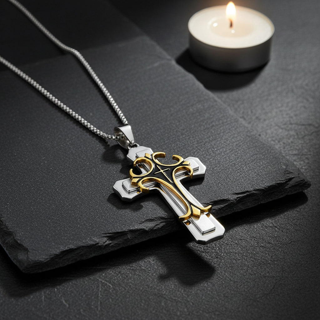 Men's Thick Engraved Stainless Steel Cross Pendant Necklace - Lovez Aqua© -