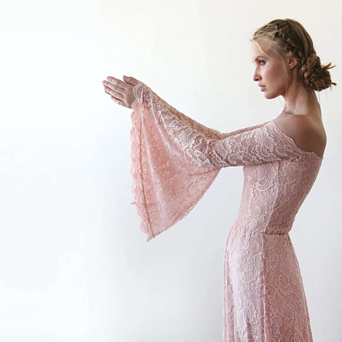 Light Pink Off-Shoulder Scalloped Necklace Lace Wedding Dress with Bell Sleeves - Lovez Aqua© -