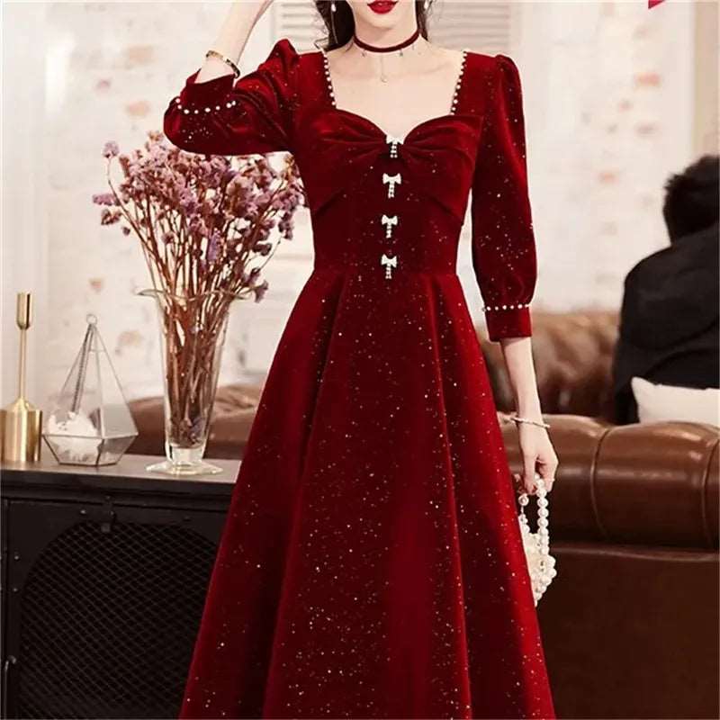 Burgundy Glitter Velvet Evening Gown with Square Neckline & Puff Sleeves - Lovez Aqua© -