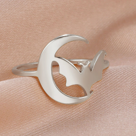 Women's Gothic Punk Crescent Moon & Bat Stainless Steel Ring - Lovez Aqua© -