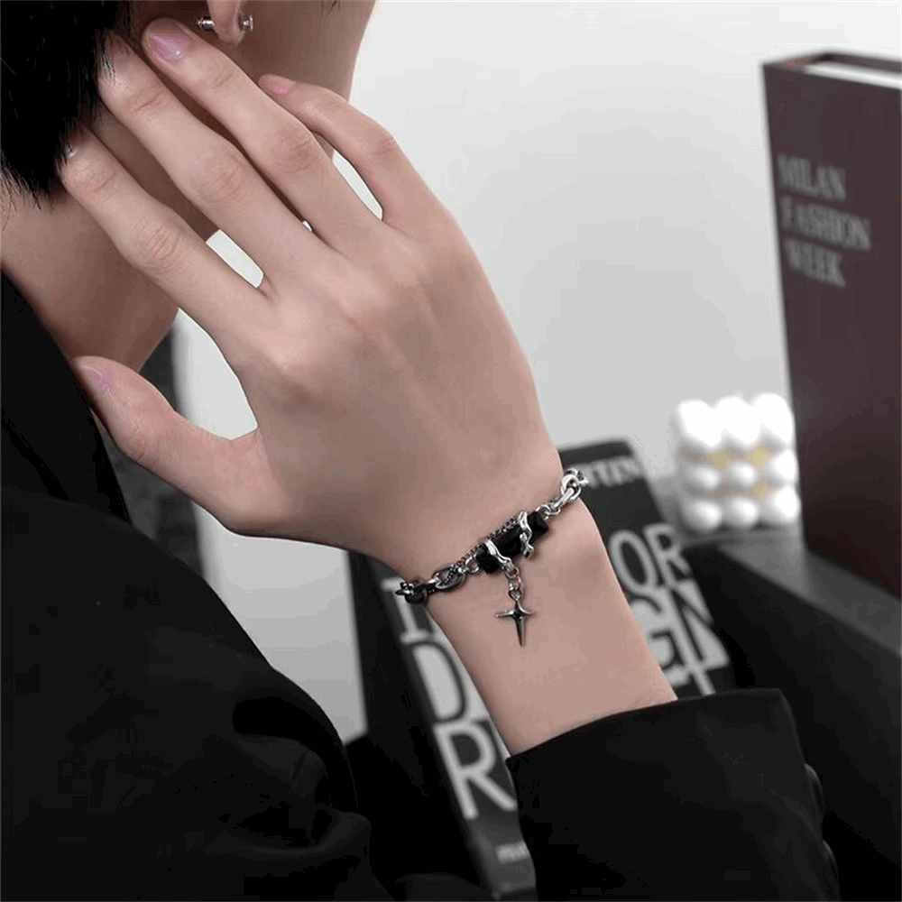 Men's Stainless Steel Gothic Retro Black Zircon Star Chain Bracelet - Lovez Aqua© -