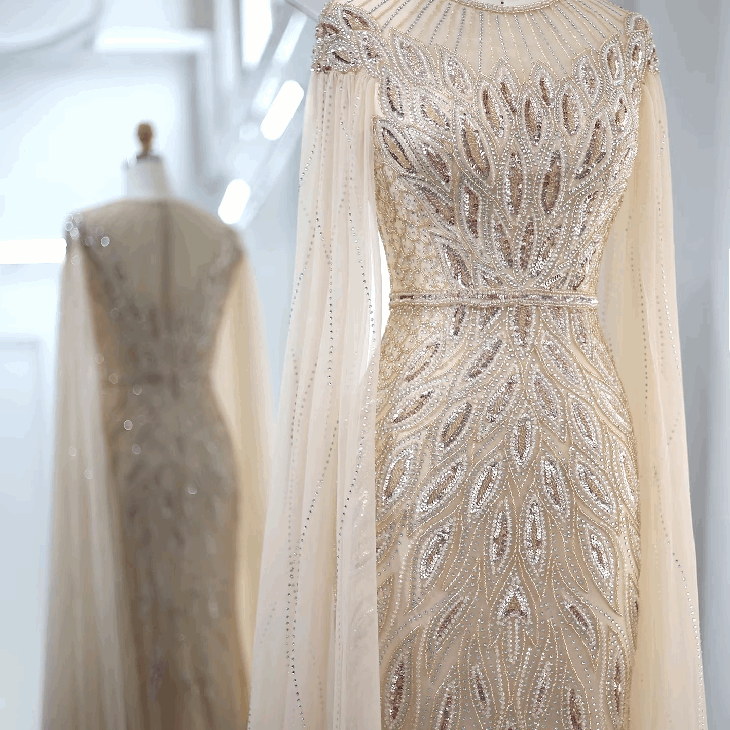 Women's Luxury Mermaid High Neck Evening Gown with Cape Sleeves & Rhinestones - Lovez Aqua© -