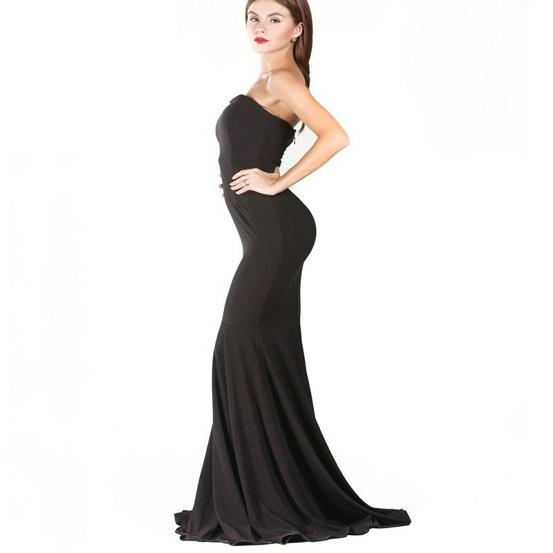 Elegant Strapless Black Floor-Sweeping Evening Gown with Mermaid Silhouette - Lovez Aqua© -