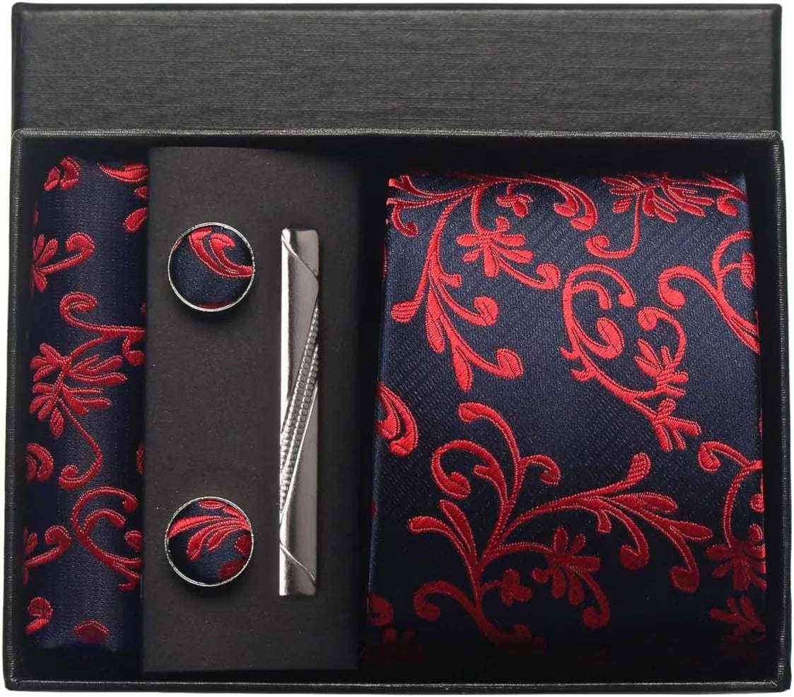 Men's Luxury Silk Paisley Floral Necktie, Pocket Square, Clip & Cufflinks Set - Lovez Aqua© - BE11