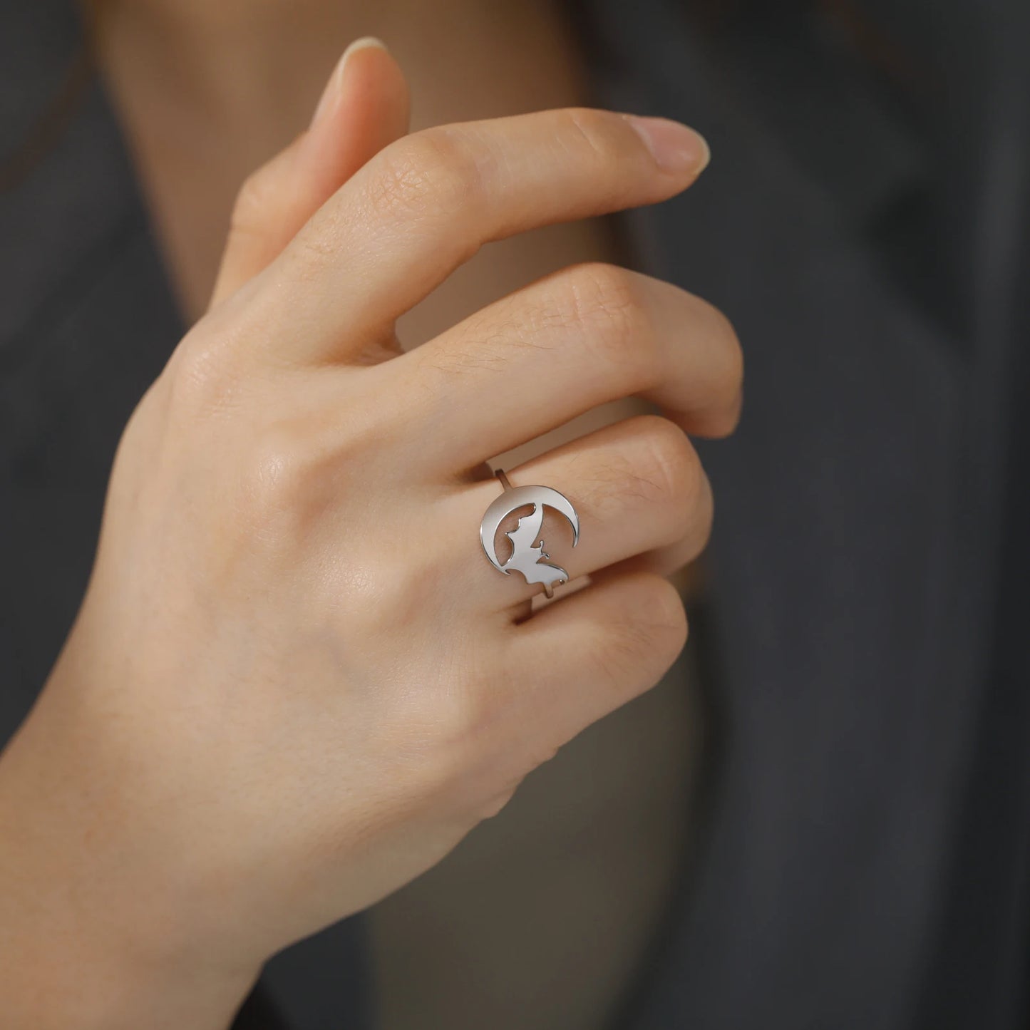 Women's Gothic Punk Crescent Moon & Bat Stainless Steel Ring - Lovez Aqua© -