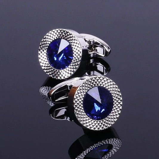 Men's Silver & Imitation Sapphire Blue Crystal Round Embossed Cufflinks - Lovez Aqua© -