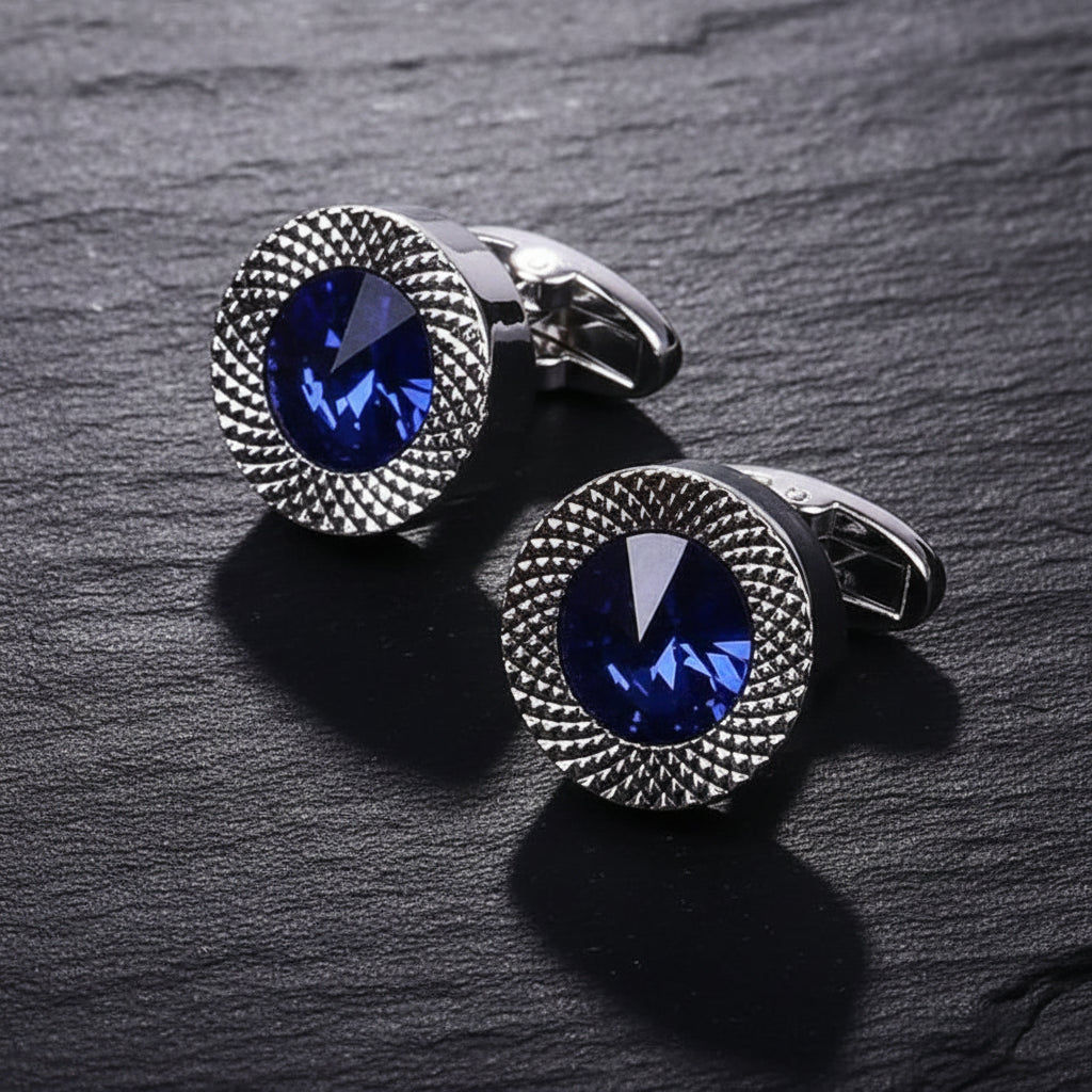 Men's Silver & Imitation Sapphire Blue Crystal Round Embossed Cufflinks - Lovez Aqua© -