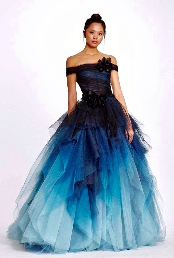 Women's Dark Blue Ombre Tulle Sleeveless Layered Fantasy Evening Ball Gown - Lovez Aqua© -