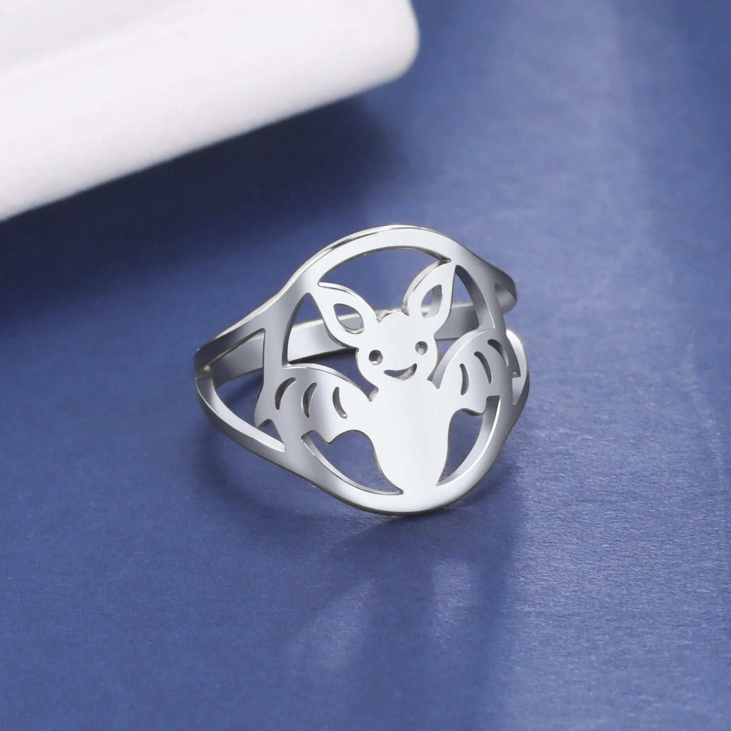 Women's Gothic Punk Crescent Moon & Bat Stainless Steel Ring - Lovez Aqua© -