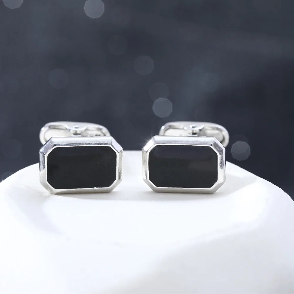 Men's French Style Angular Rectangle Formal Black & Silver Cufflinks - Lovez Aqua© -