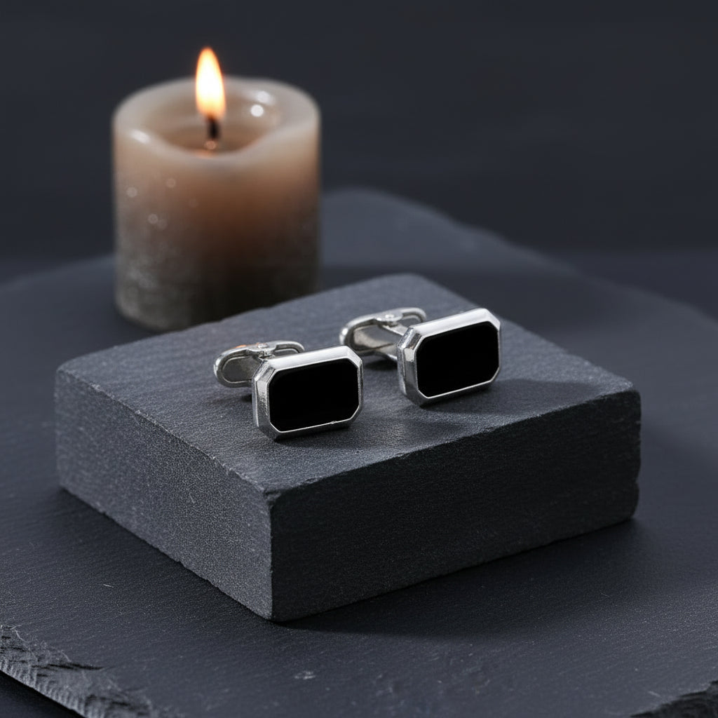 Men's French Style Angular Rectangle Formal Black & Silver Cufflinks - Lovez Aqua© -