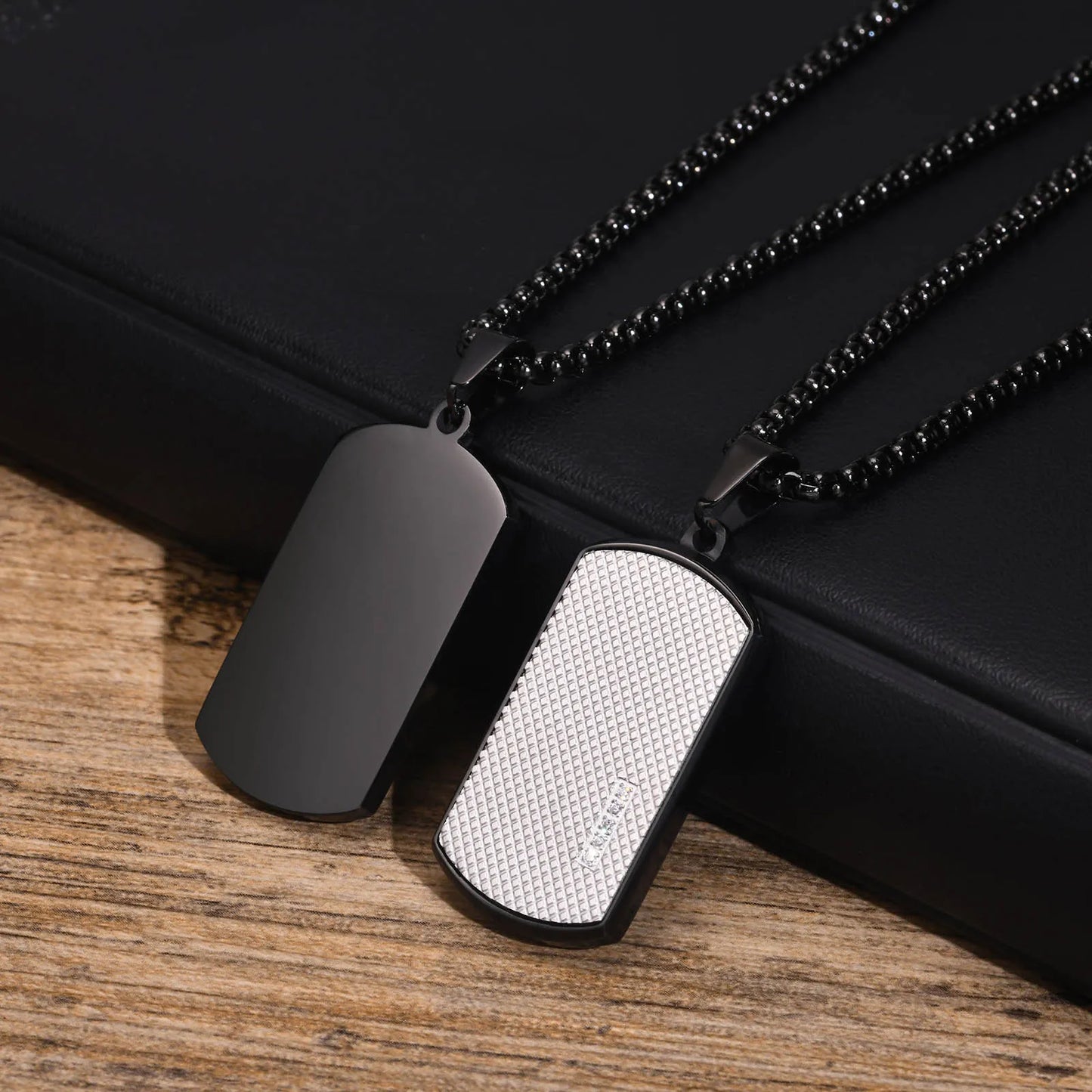 Men's Stainless Steel Patterned Rectangle Dog Tag Box Chain Necklace - Lovez Aqua© - 3 / 50cm