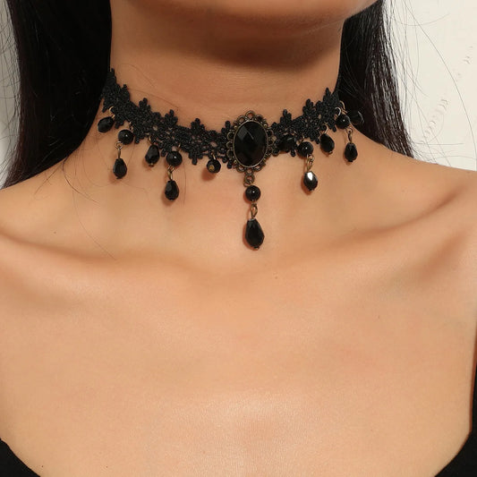 Women's Vintage Classic Gothic Black Lace Choker with Rhinestone Accents - Lovez Aqua© - 1