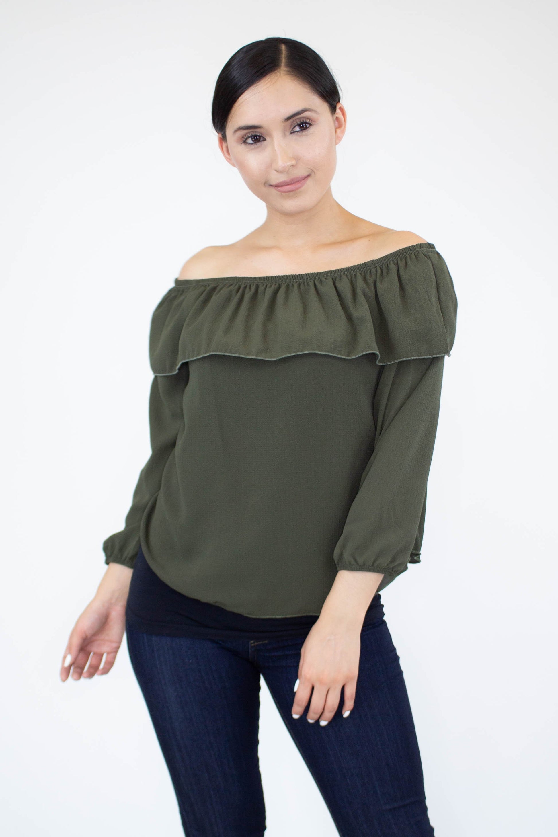 Women's Olive Colored Balloon Sleeve Blouse with Ruffled Neckline - Lovez Aqua© -