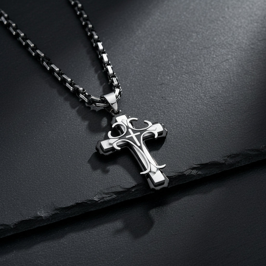 Men's Stainless Steel Religious Cross Pendant Necklace With Byzantine Chain - Lovez Aqua© -