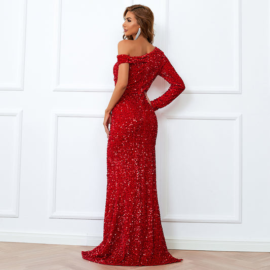 Women's Bright Red Sequined Curved Off-Shoulder Gown with High Slit - Lovez Aqua© -