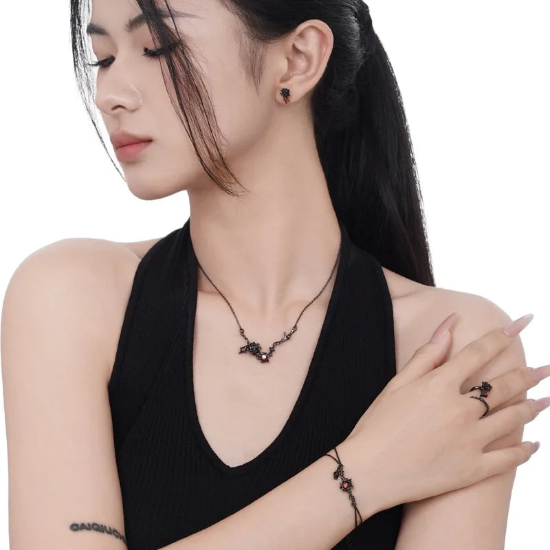 S925 Sterling Silver Black Rose & Red Diamond Zircon Women's Gothic Ring - Lovez Aqua© -