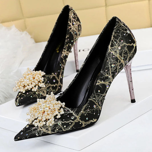 Women's Silk Black & Gold Marbled Pointed Toe High Heels with Pearls - Lovez Aqua© - Black / 35