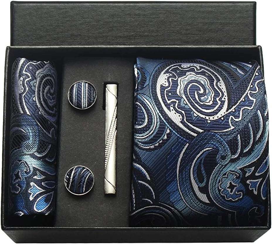 Men's Luxury Silk Paisley Floral Necktie, Pocket Square, Clip & Cufflinks Set - Lovez Aqua© - BF6