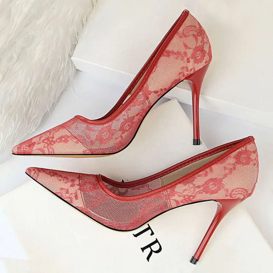 Women's Delicate Mesh Hollow Floral Lace Thin Stiletto High Heels - Lovez Aqua© - Red / 37