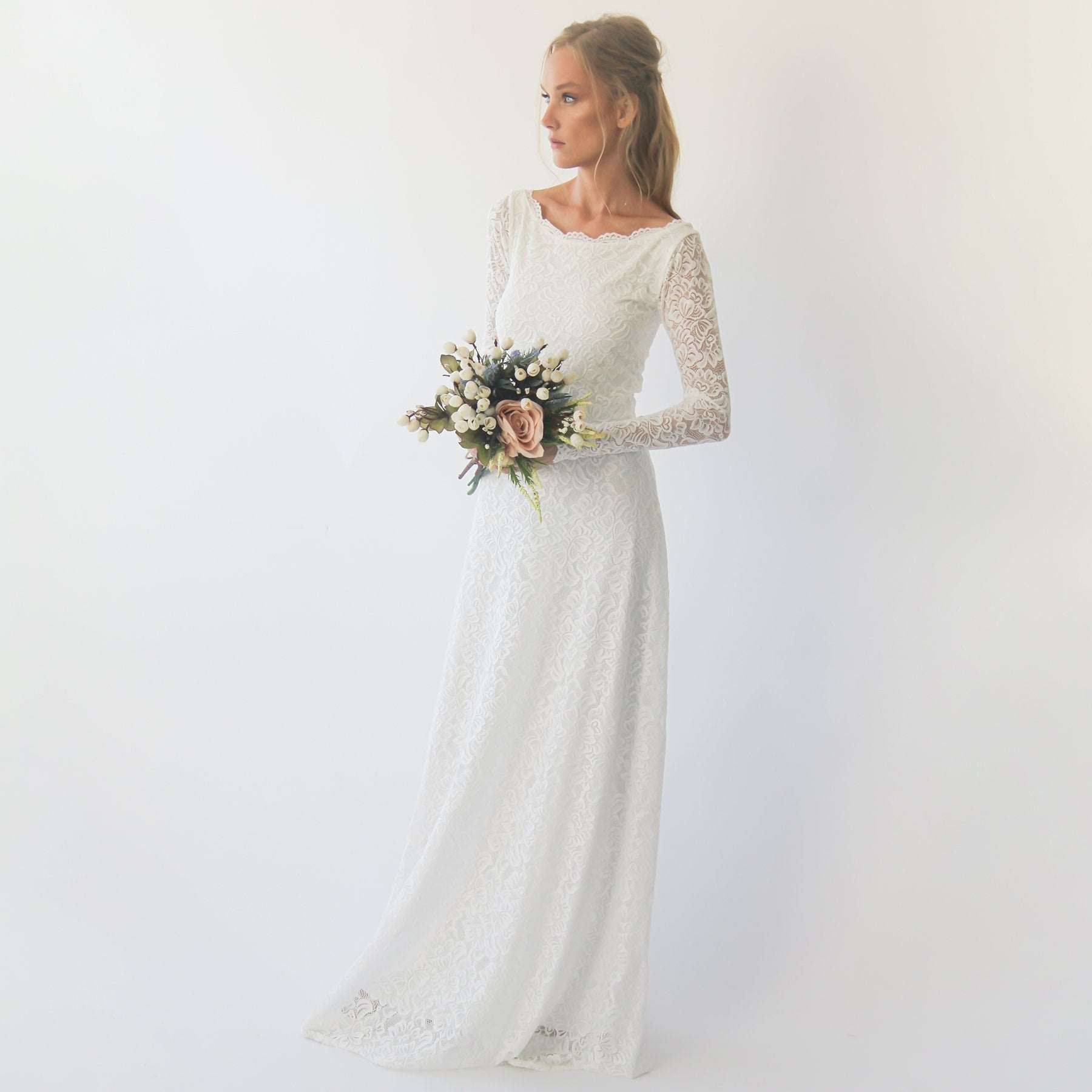 White Boat Neckline & Long Bell Lace Sleeves Modest Wedding Dress - Lovez Aqua© -