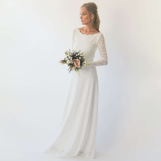 White Boat Neckline & Long Bell Lace Sleeves Modest Wedding Dress - Lovez Aqua© -