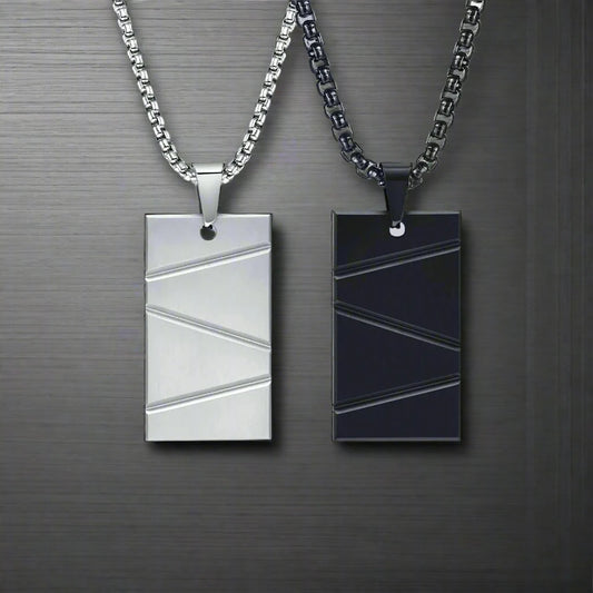 Men's Stainless Steel Patterned Rectangle Dog Tag Box Chain Necklace - Lovez Aqua© -