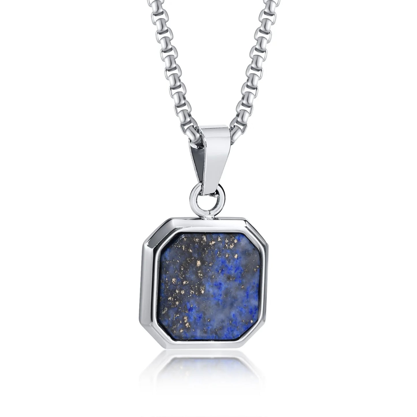 Men's Geometric Lapis Lazuli/Black Enamel Stone Square Pendant Necklace - Lovez Aqua© - Blue Silver / 60cm