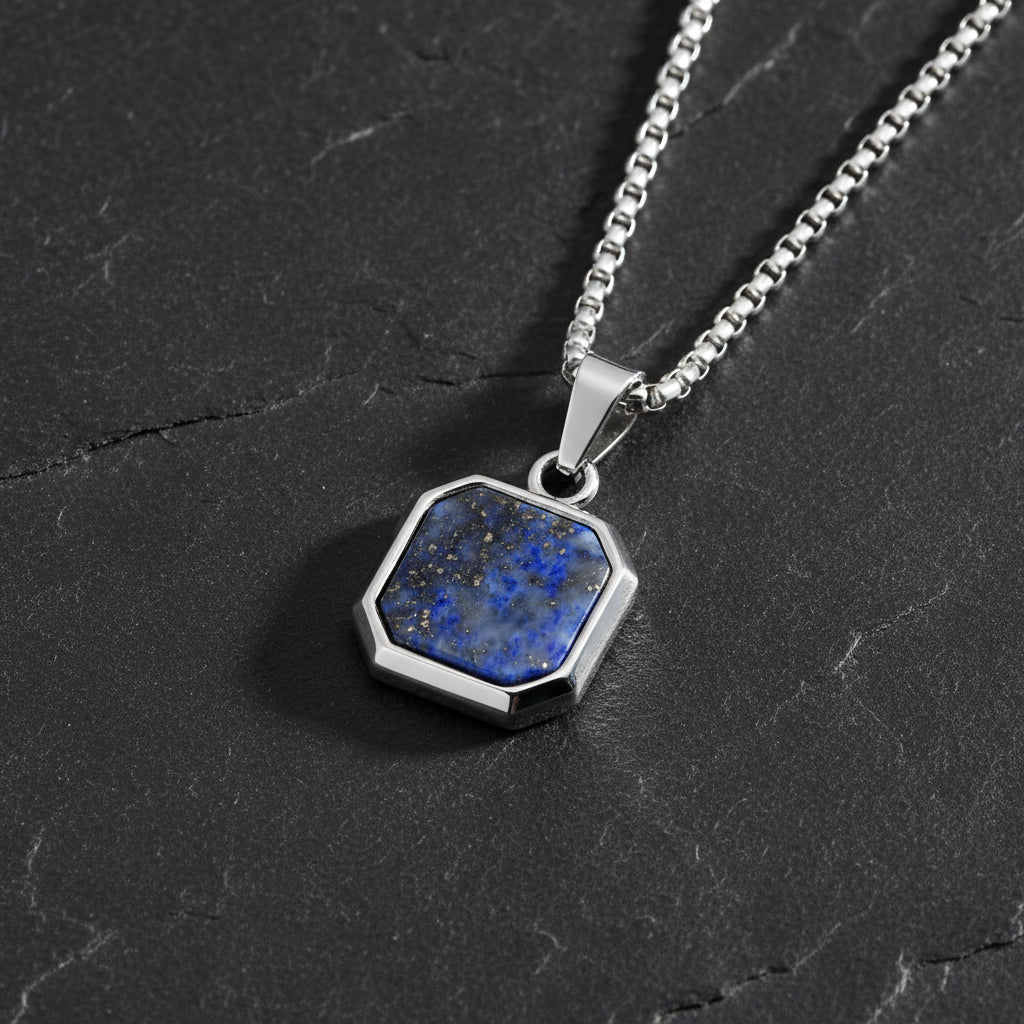 Men's Geometric Lapis Lazuli/Black Enamel Stone Square Pendant Necklace - Lovez Aqua© - Blue Silver / 60cm
