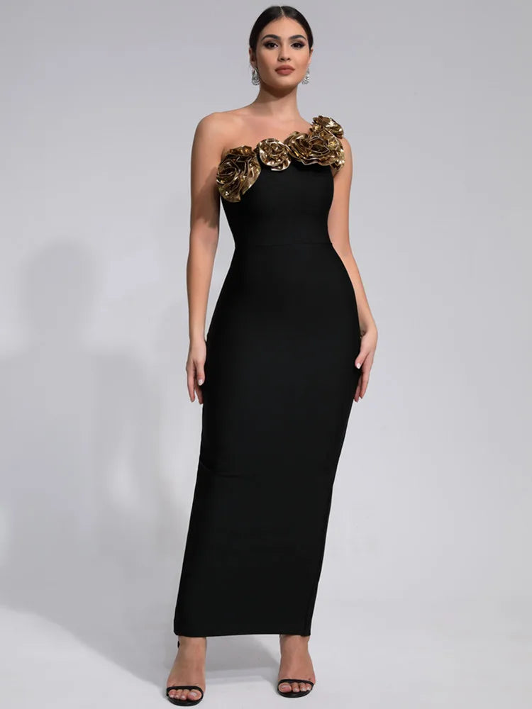 Women's Luxury One Shoulder Black Maxi Evening Dress with Golden Roses Neckline - Lovez Aqua© -